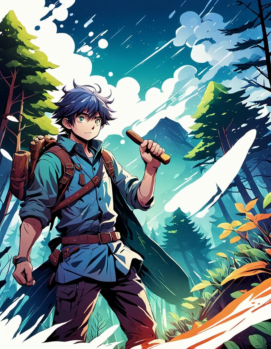 Woodcutter Surrounded by Nature in a Vibrant Anime Landscape