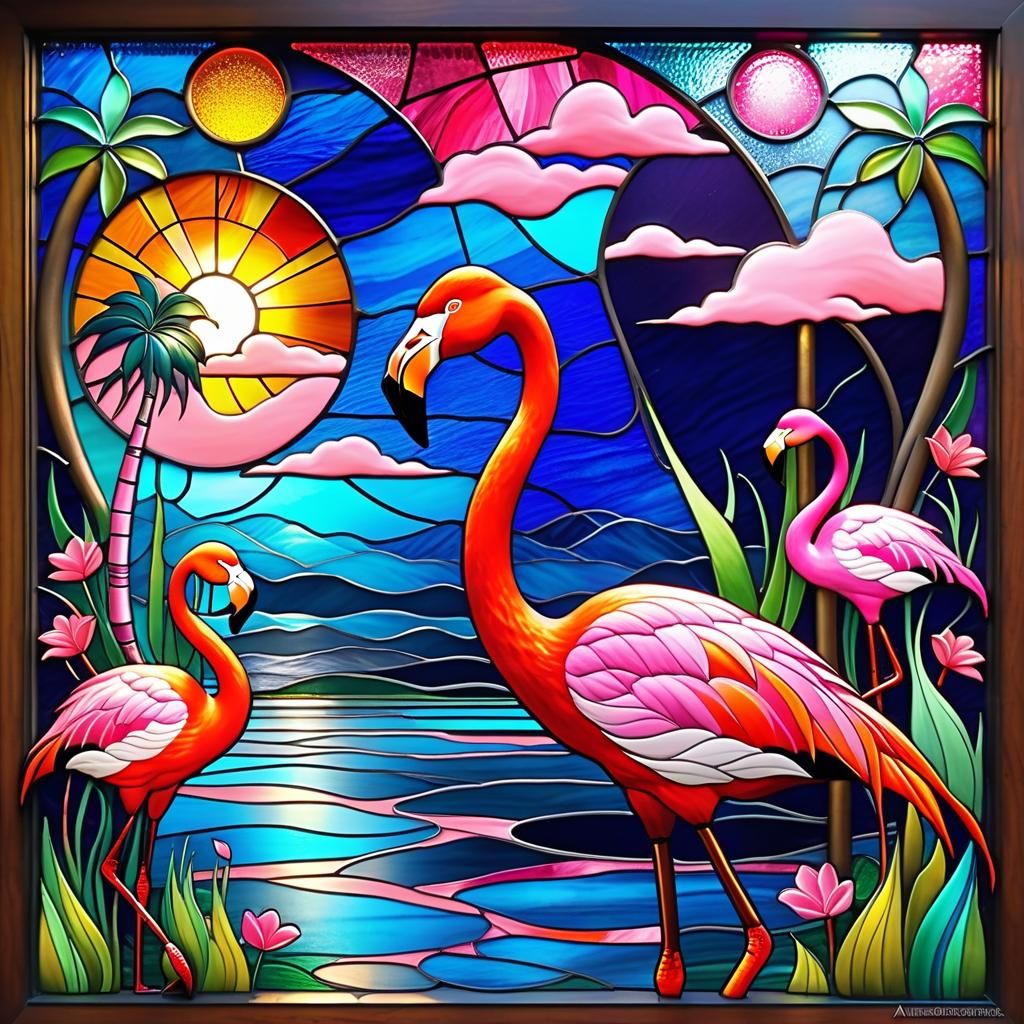 Surreal Stained Glass Flamingos in Mixed Media