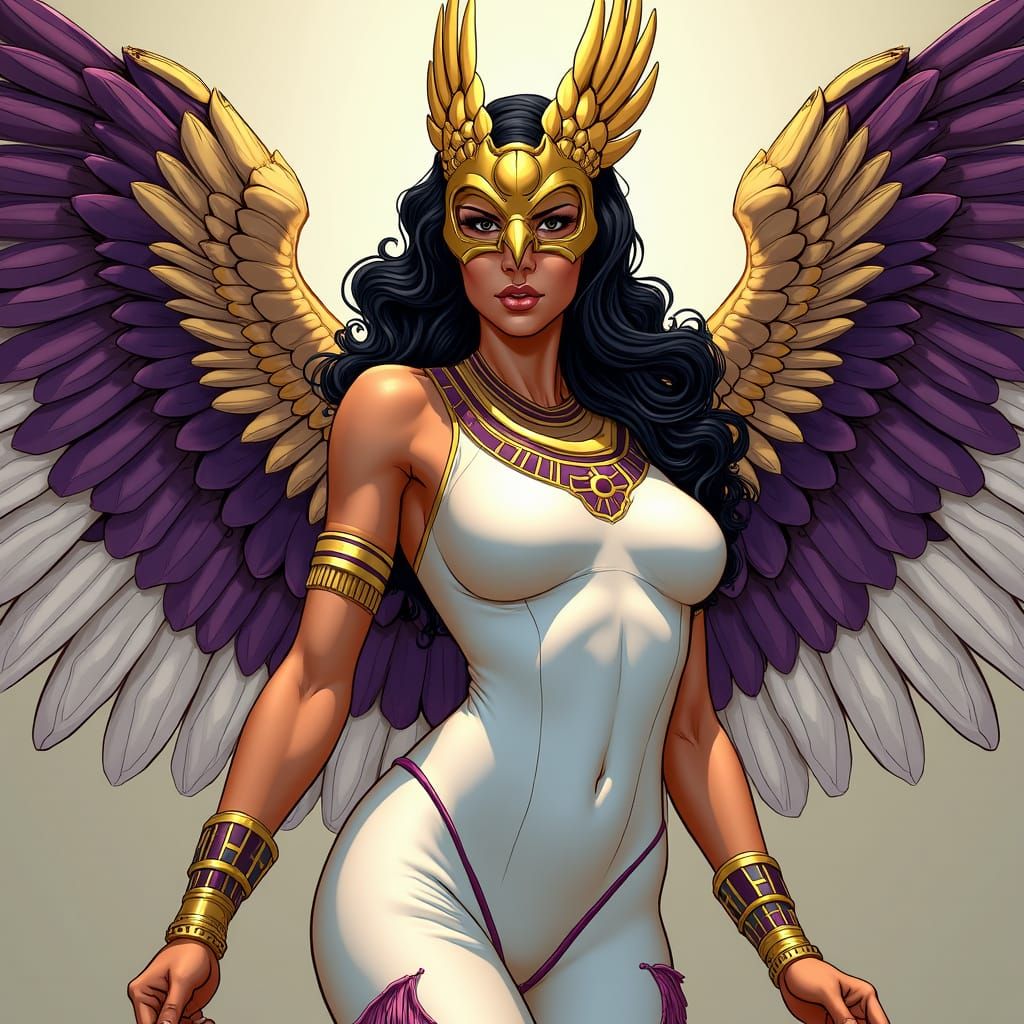 Winged Egyptian Woman in Falcon Mask, Comic Book Art