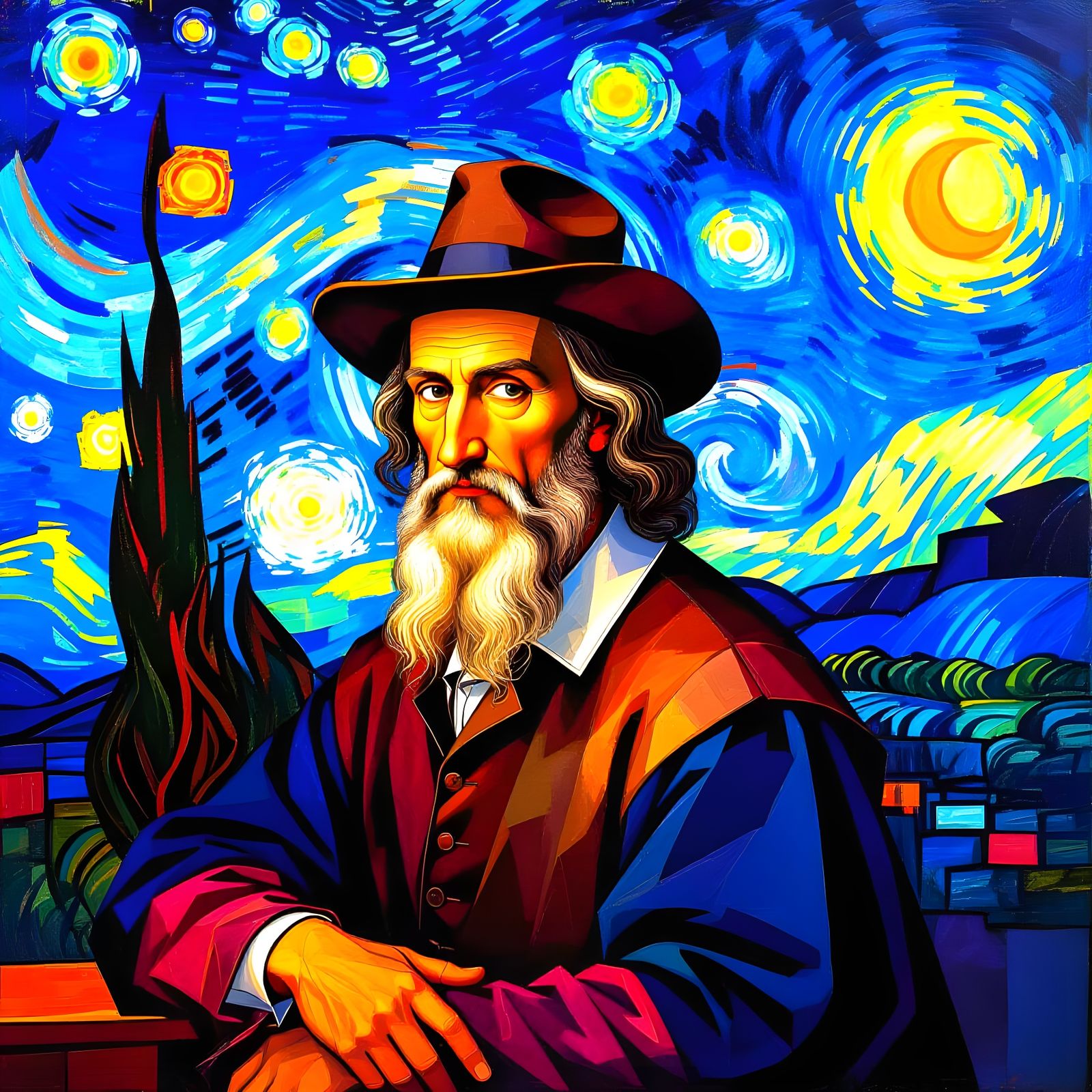Starry Night Portrait in Cubist Style