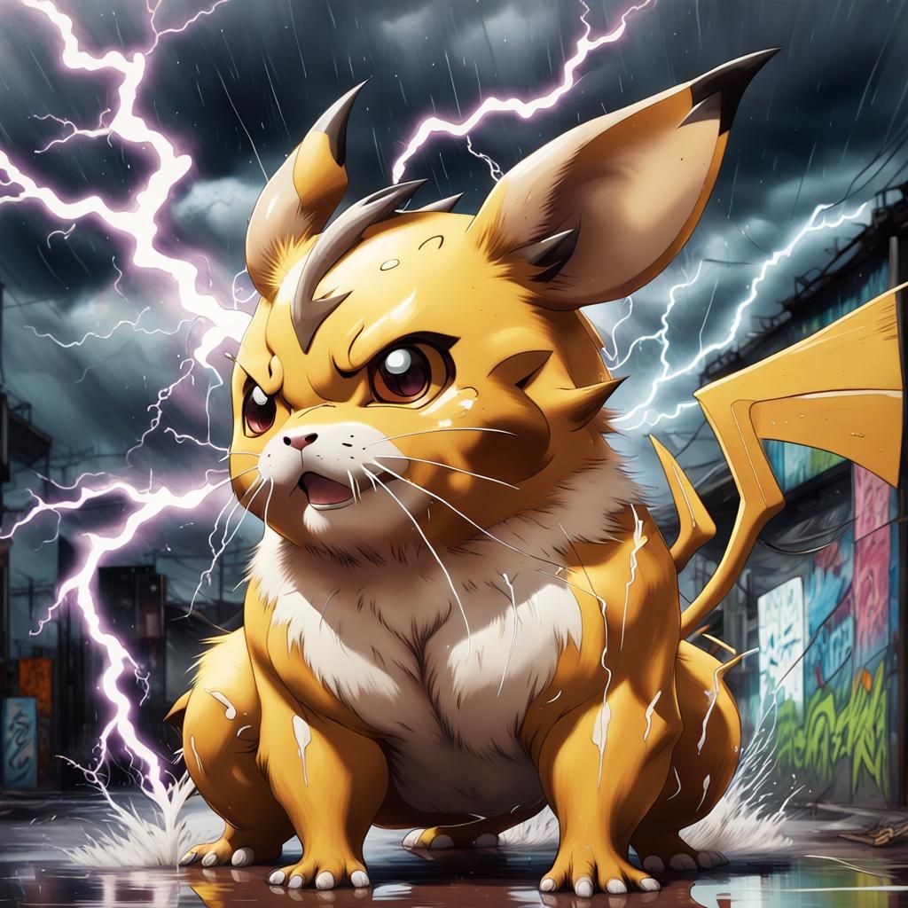 Hyperreal Anime Raichu in Graffiti Street Art