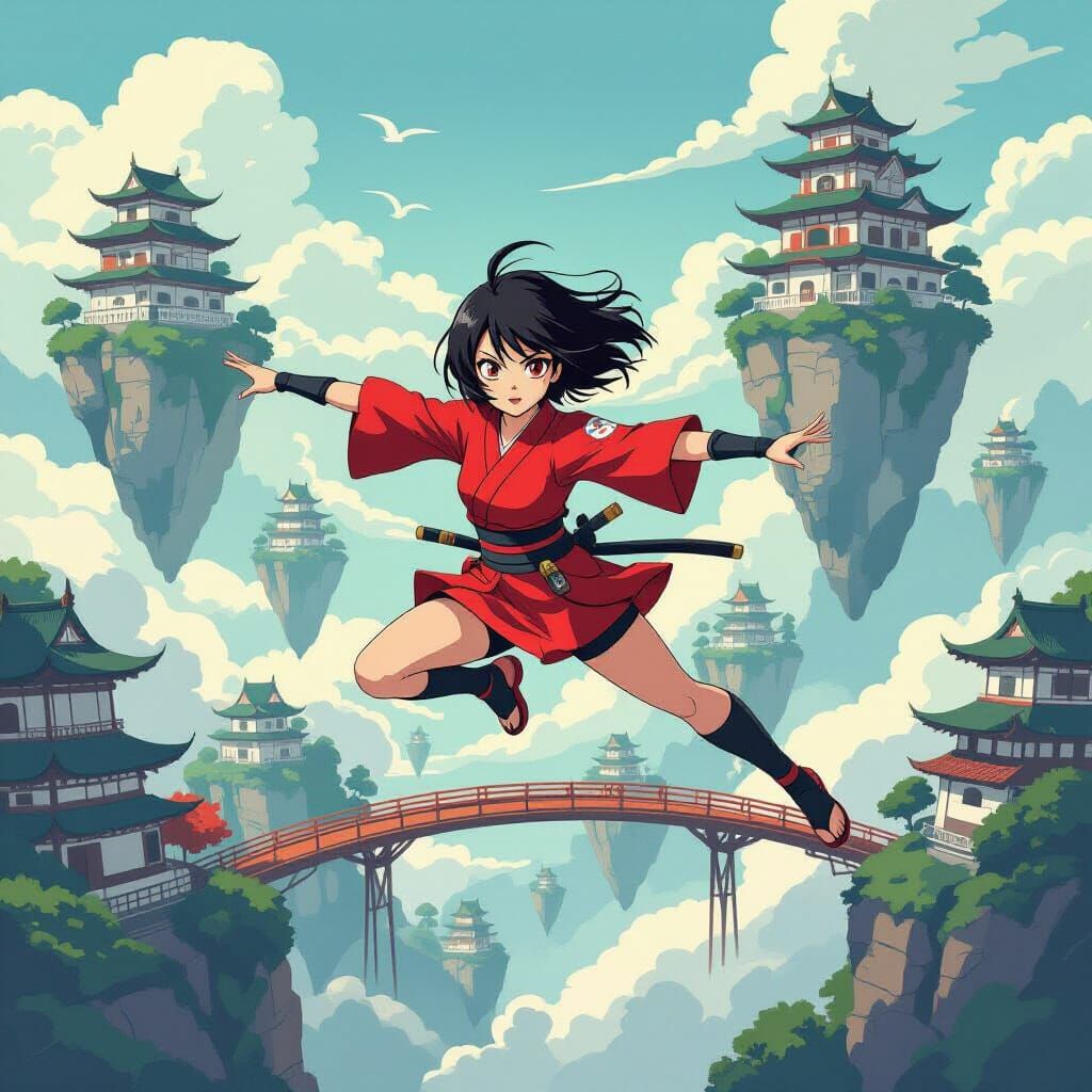 Whimsical Kunoichi Leaping Over Floating Islands in Japanese...