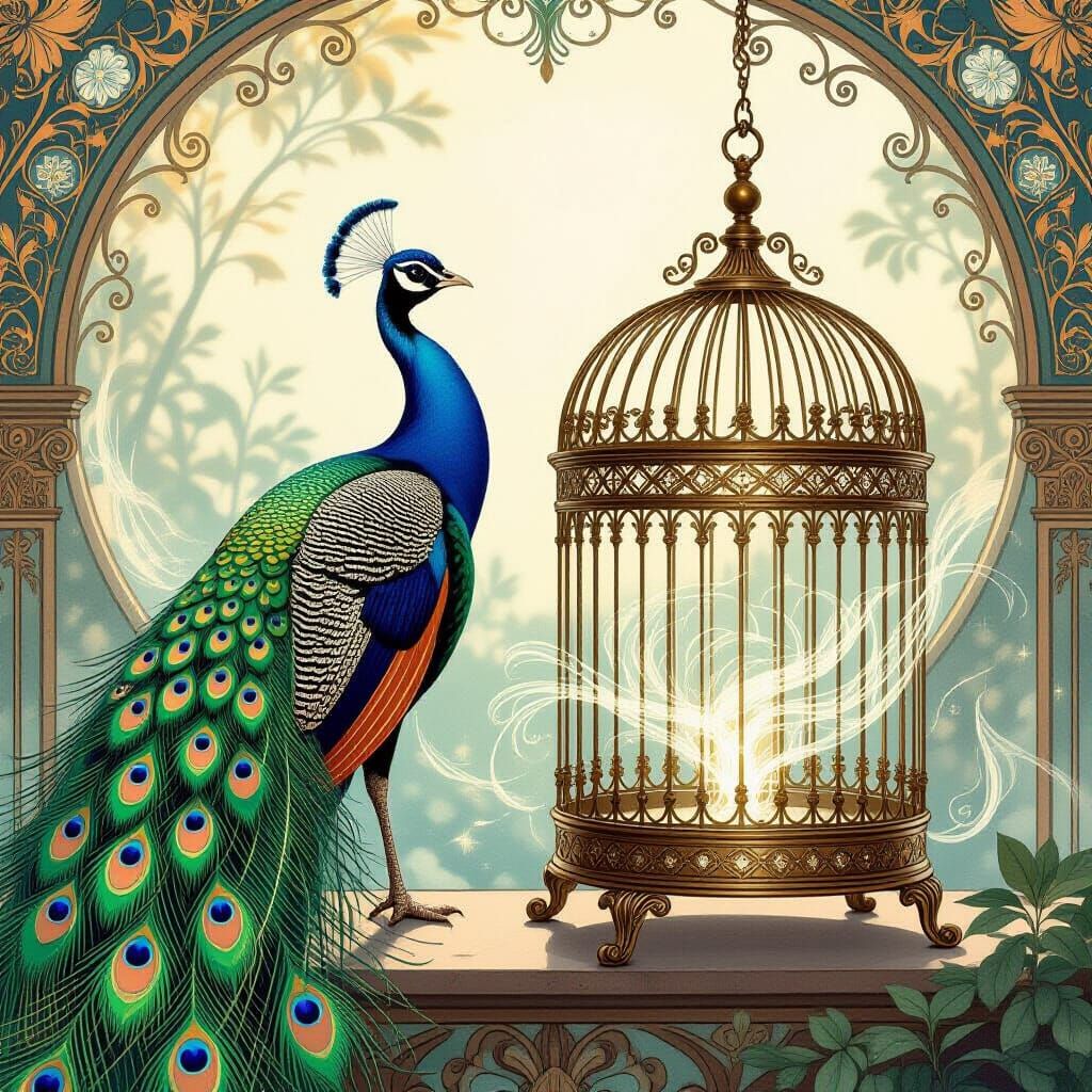 Majestic Peacock Beside Empty Birdcage in Art Nouveau Style