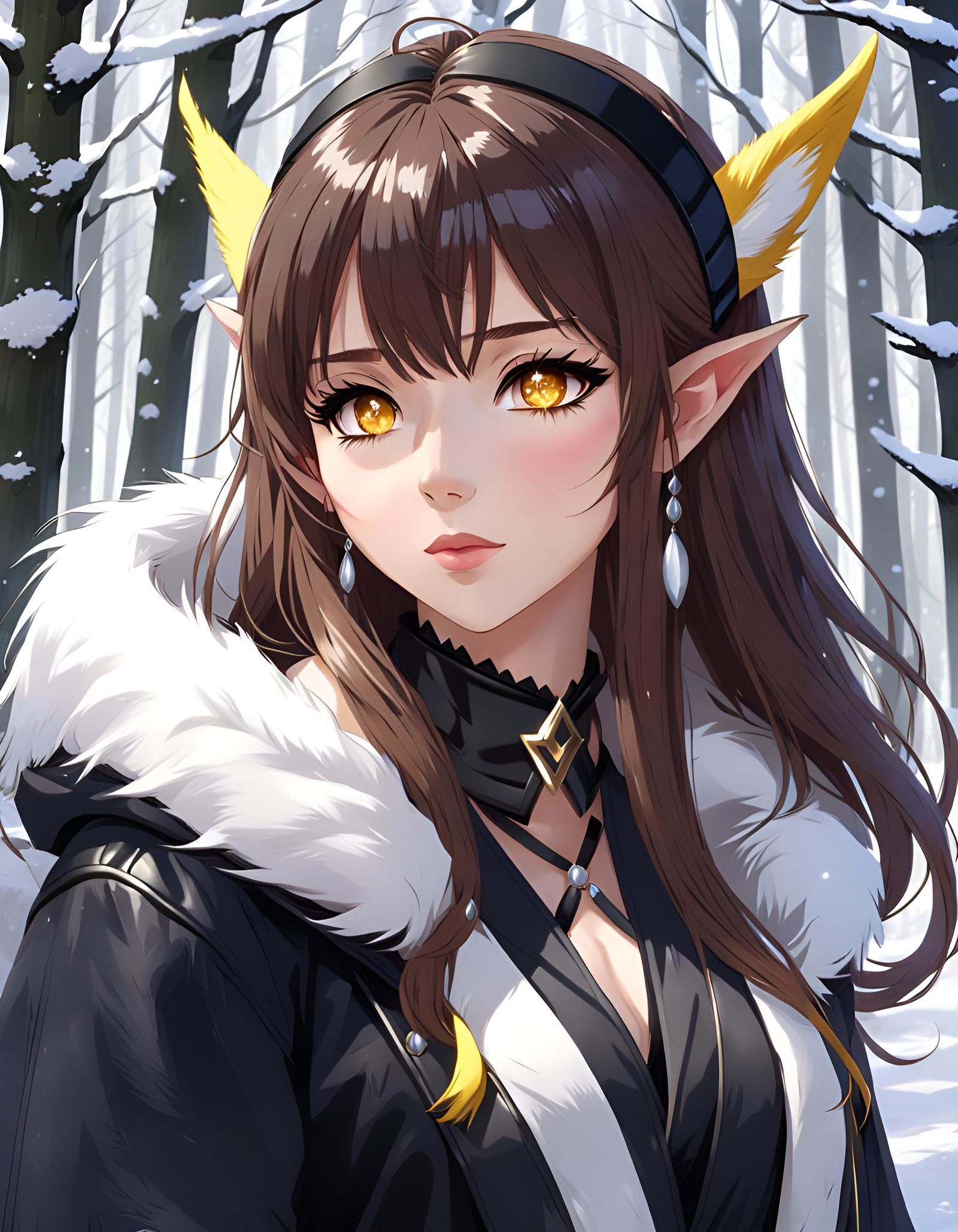 Anime Elf Girl in Snowy Forest with Fur Coat