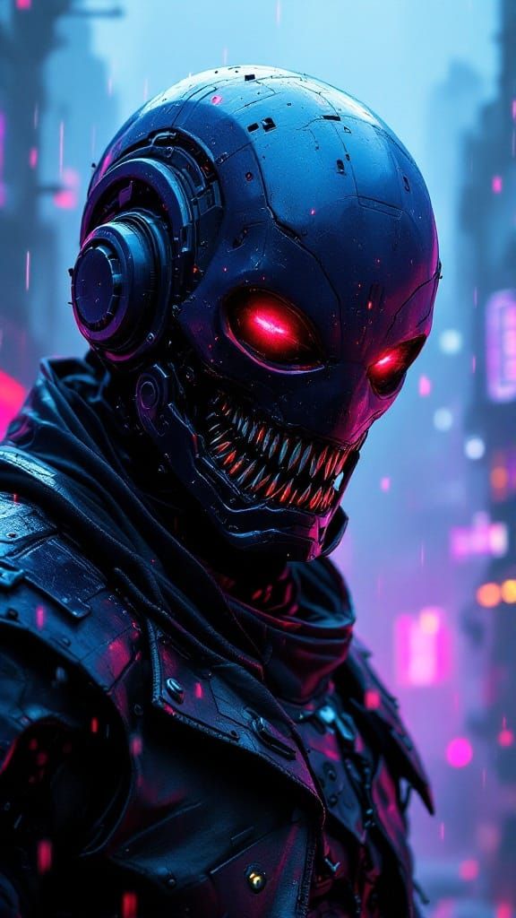 Cyberpunk Voidborn Enforcer with Biomechanical Fangs