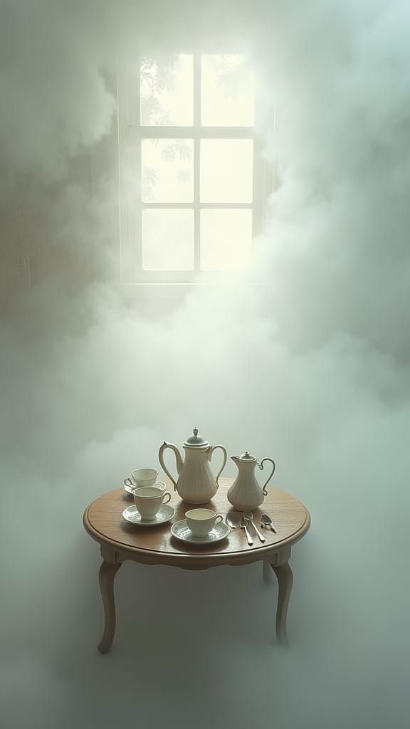 Victorian Tea Set in Ethereal Foggy Void