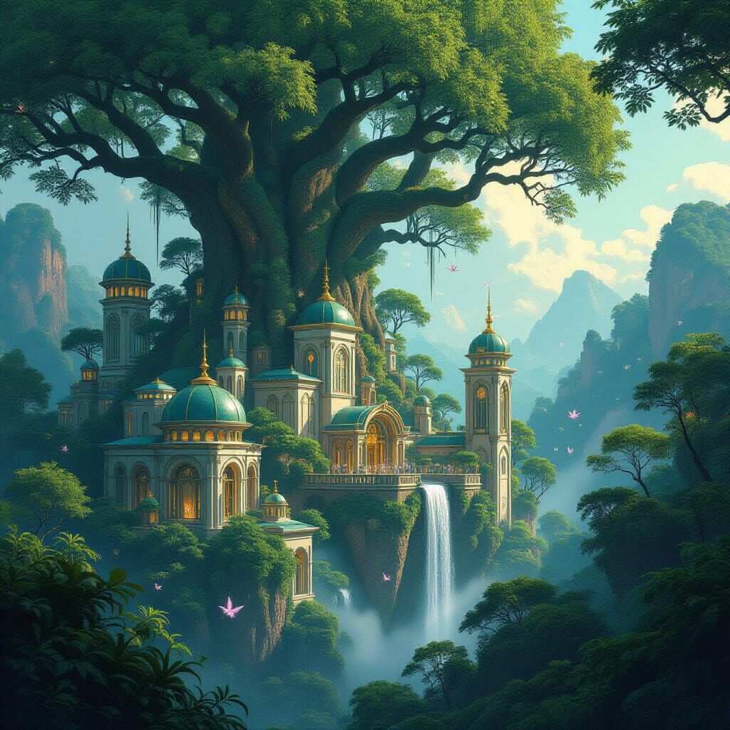 Avatar City in Forest with Geometric Buildings and Fairies