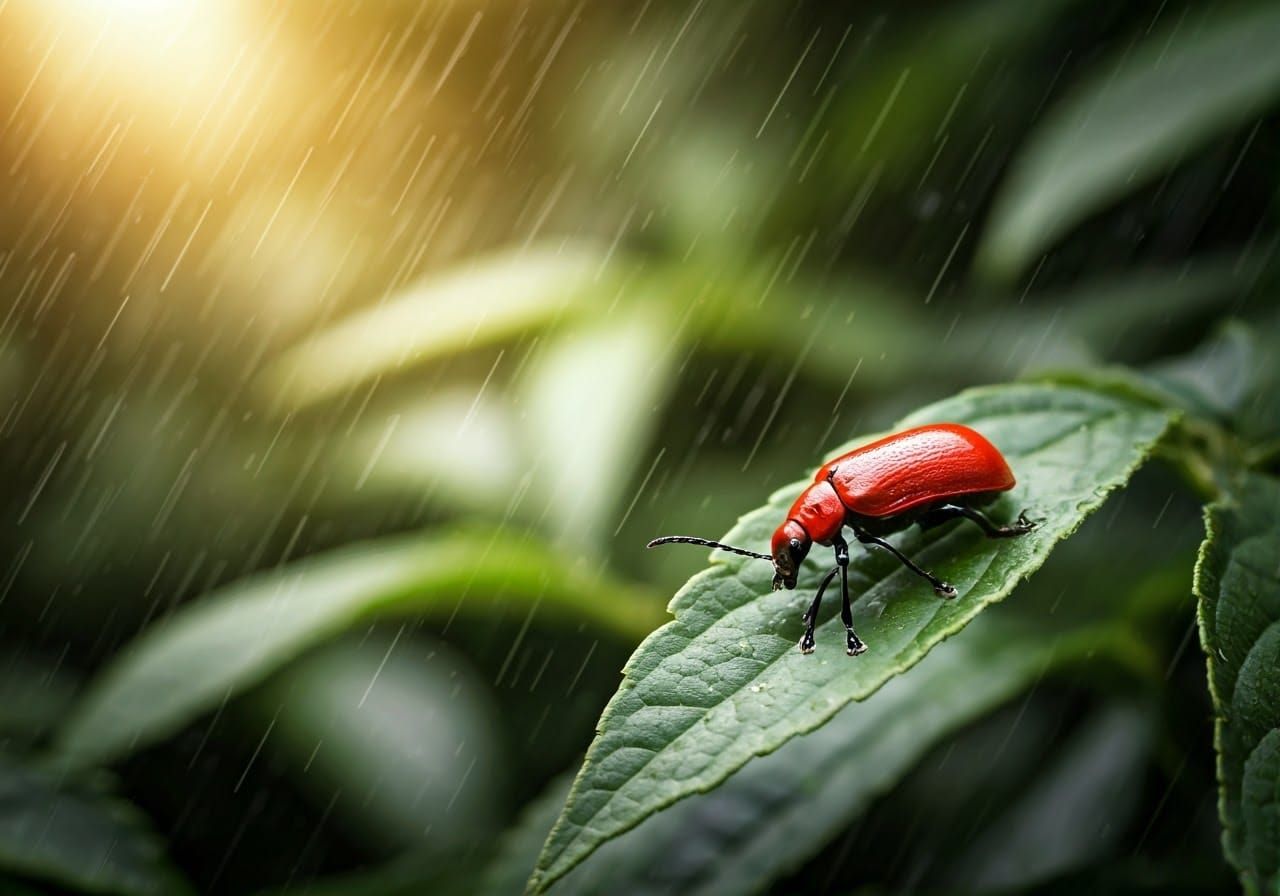 Vibrant Red Beetle in Emerald Foliage