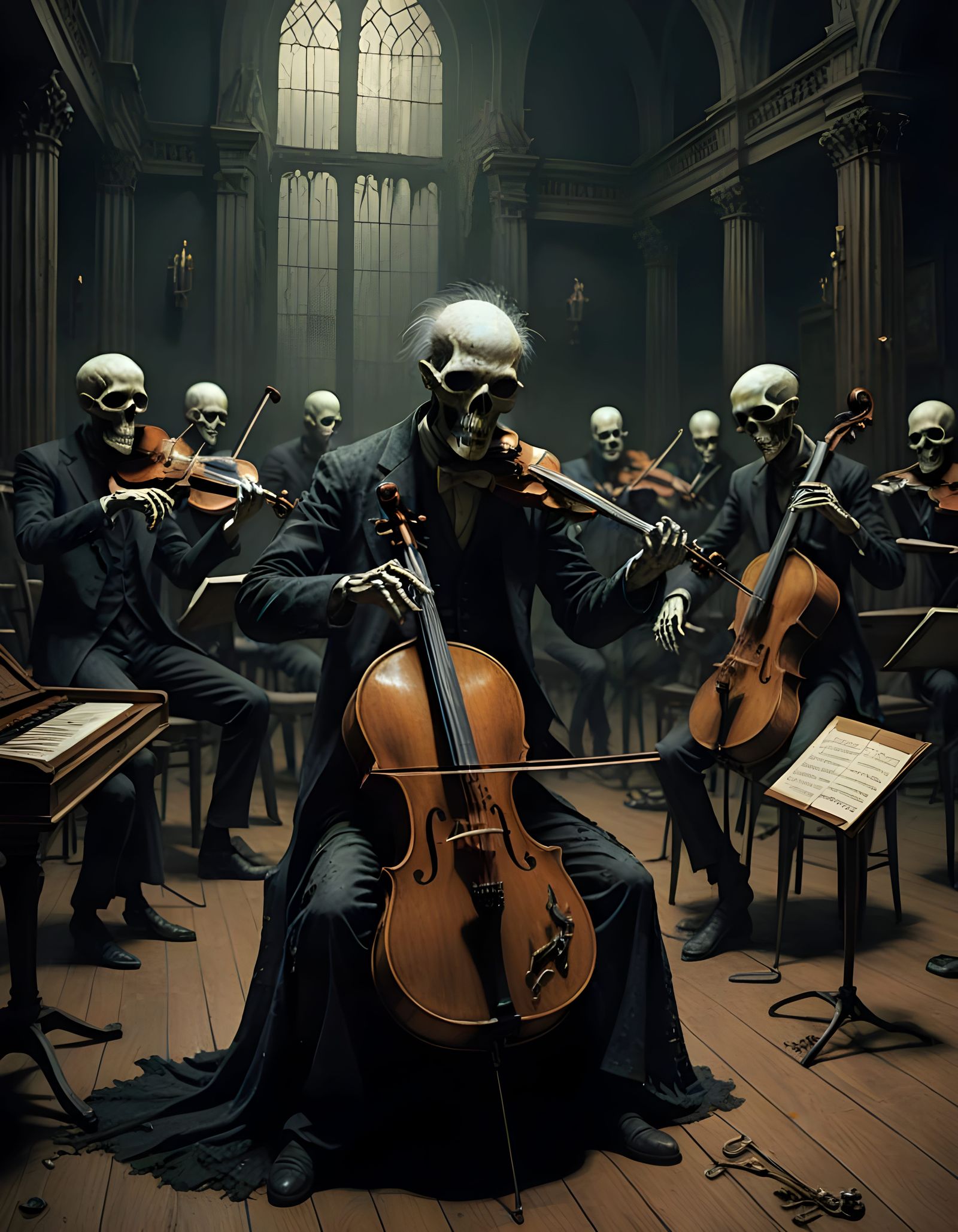 Ghoulish Harmony: Dark Creatures Play Instruments in Unison