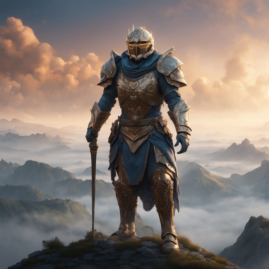 Ethereal Fantasy Warrior on Misty Mountain Peak
