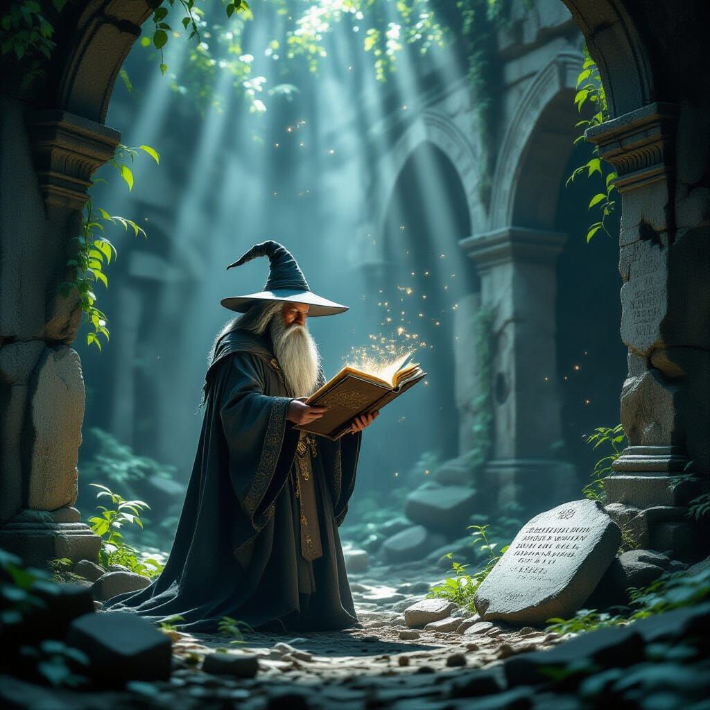 Ancient Wizard Studies Arcane Tome in Ruined Temple