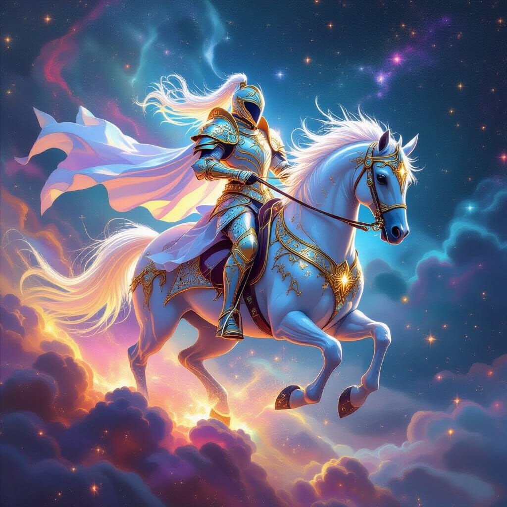Celestial Knight Rides Cosmic Steed Across Nebula