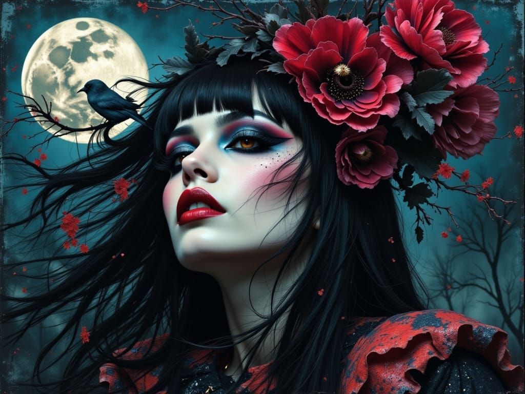 Gothic Vampiress Among Surreal Blooms in Dark Fairytale