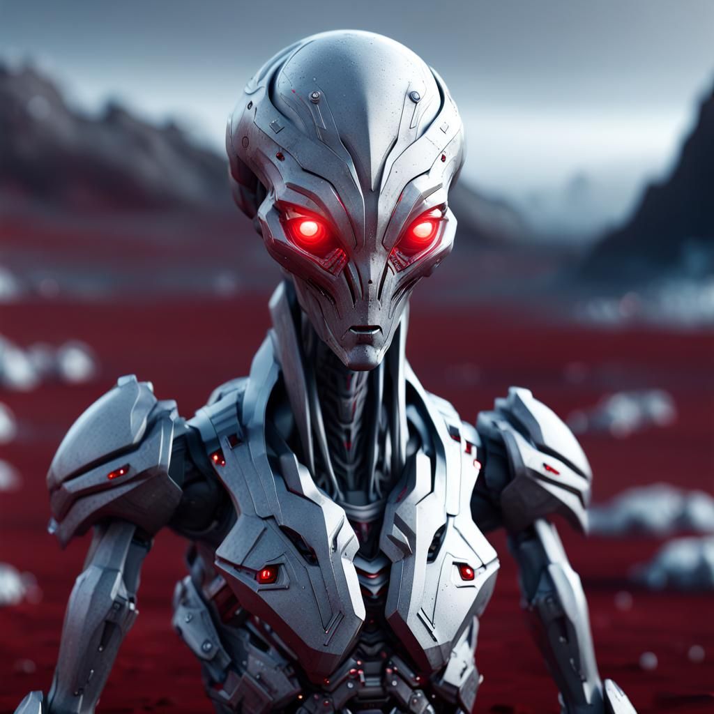 Grey Alien in Frozen Wasteland with Mech Details