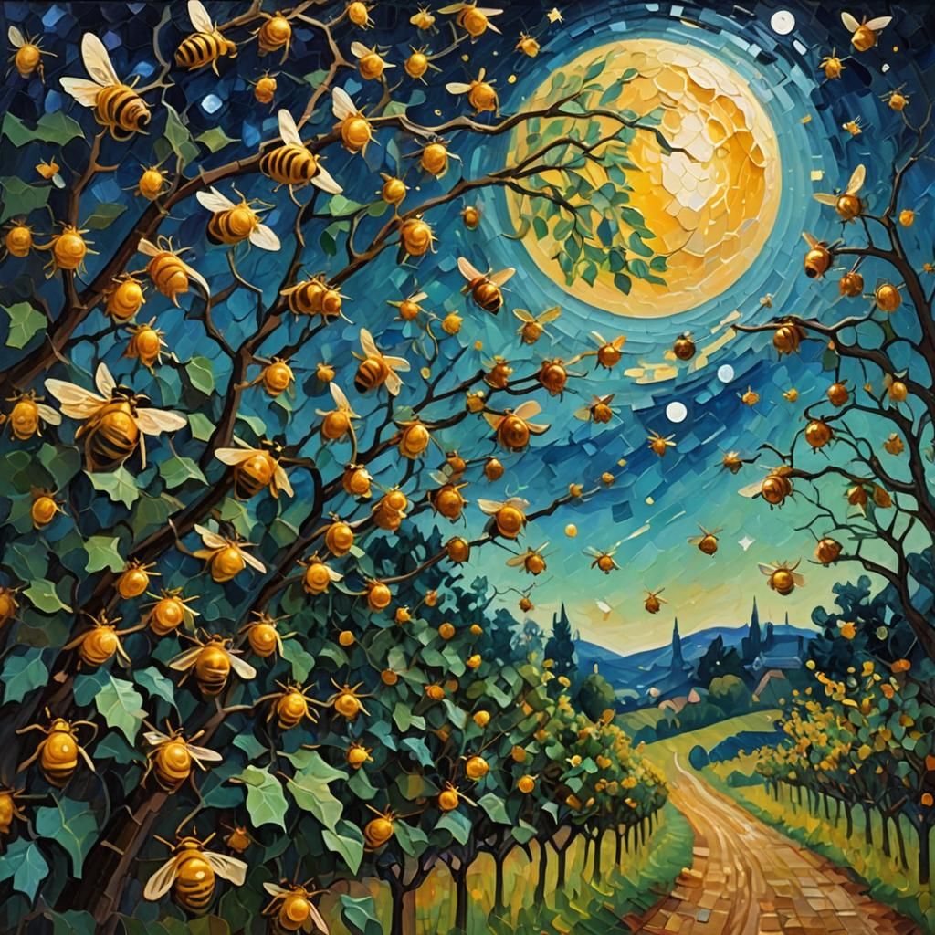 Moonlit Honeybees: Neo-Impressionist Expressionist Oil Paint...