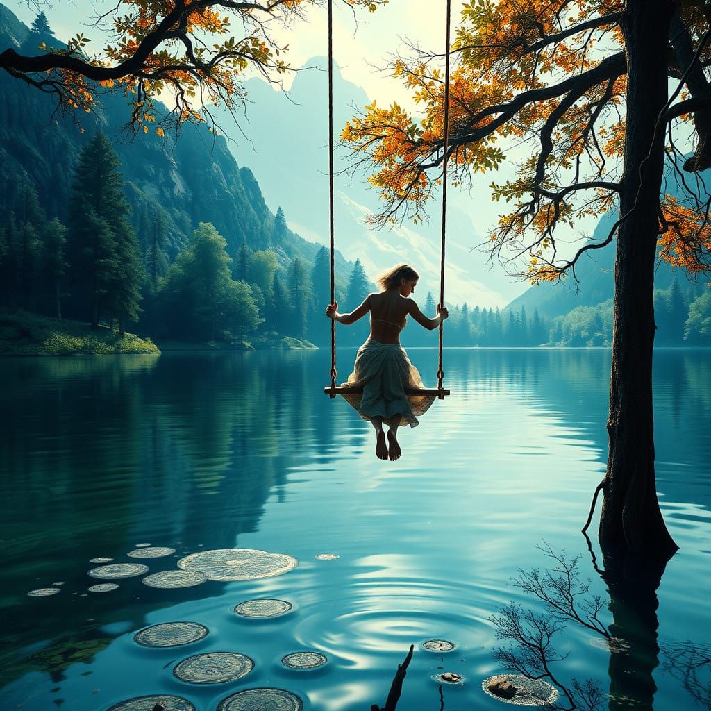 Woman in a Dreamlike Swing Scene over an Enchanted Lake