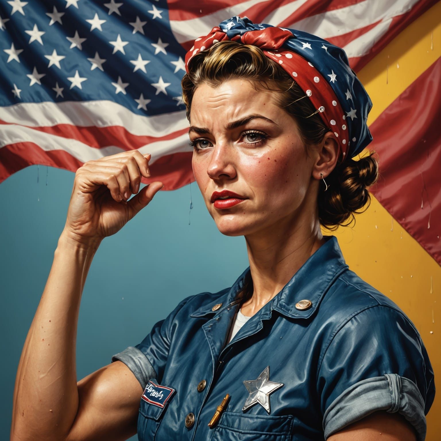 Hyperrealistic Rosie the Riveter in Dramatic Grease Splash
