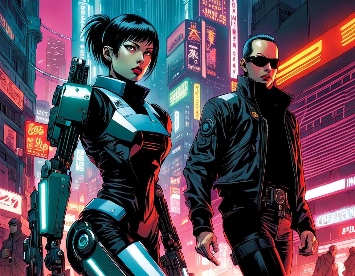 Cyberpunk Cyborg Bounty Hunter in Neon Cityscape