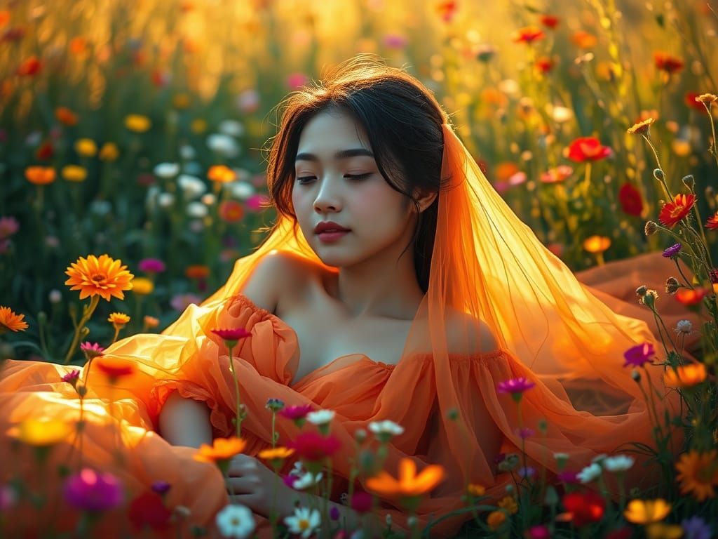 Asian Lady in Orange Gown in Flower Meadow