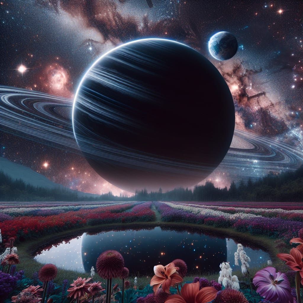 Ringed Planet with Nebulae and Flowers