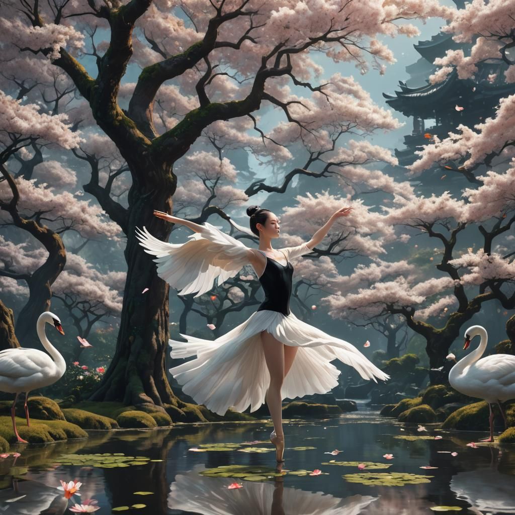 Dreamy Ballerinas, Swan, and Blossoming Tree in Matte Painti...