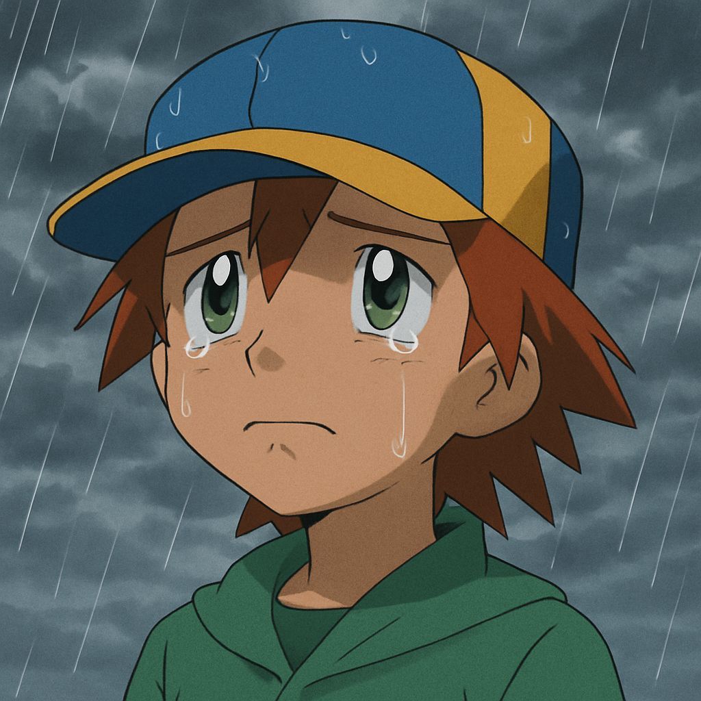 Sad Character Watches Rainy Sky with Tears