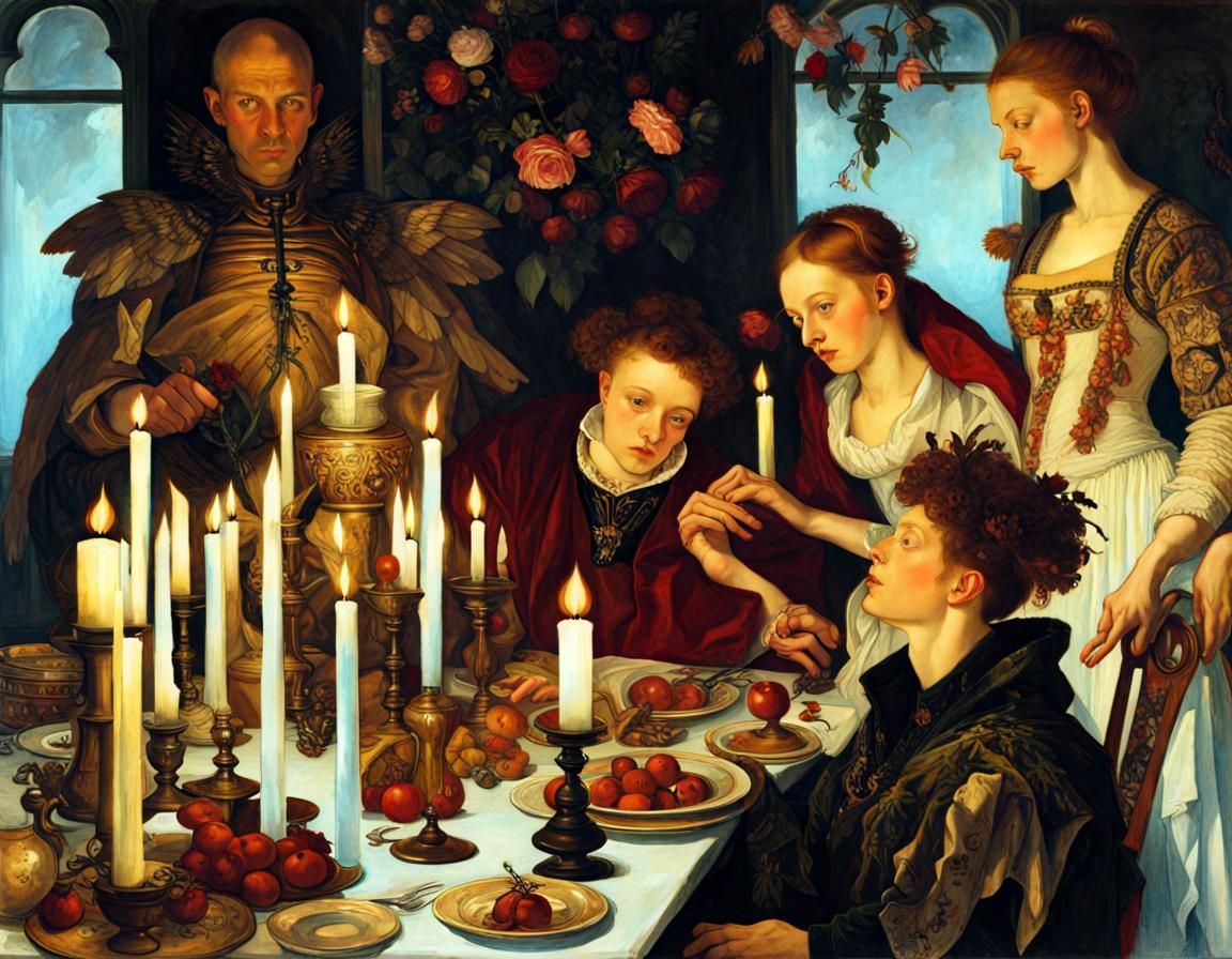 Baroque Dinner with Insect Wings, Expressionist Painting