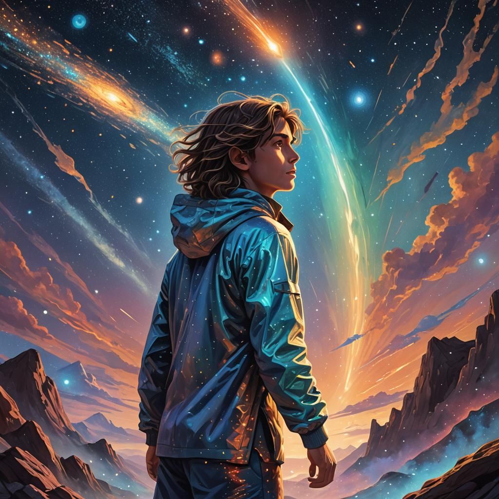 Boy and Comet: A Cosmic Visionary Illustration