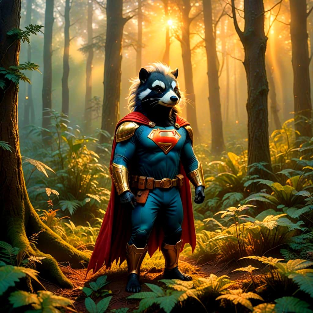 Ethereal Fantasy Superhero in Whimsical Skunk Costume