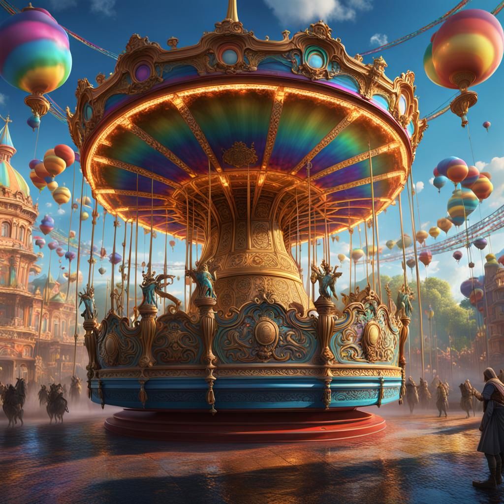 Rainbow Carousels in Detailed Fantasy Art