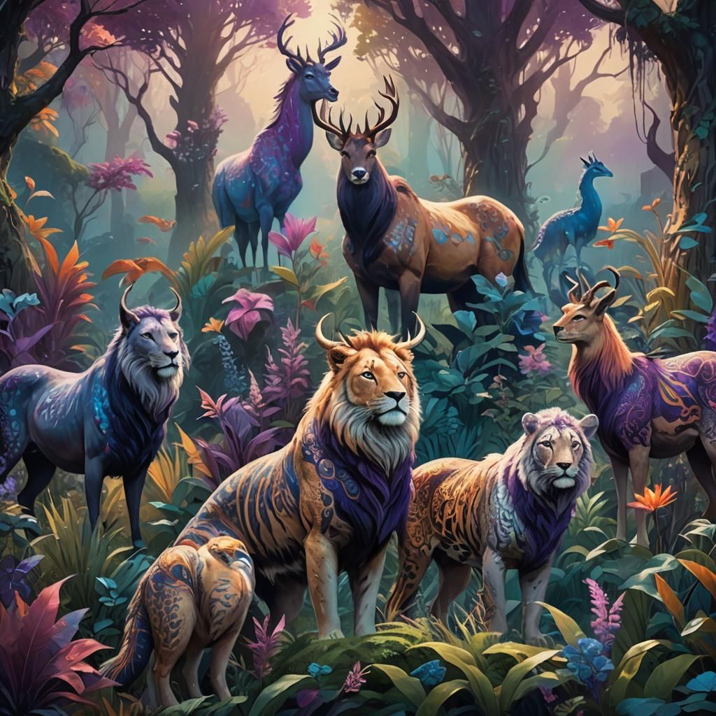 Majestic Animals in Fantasy Landscape: Detailed Matte Painti...