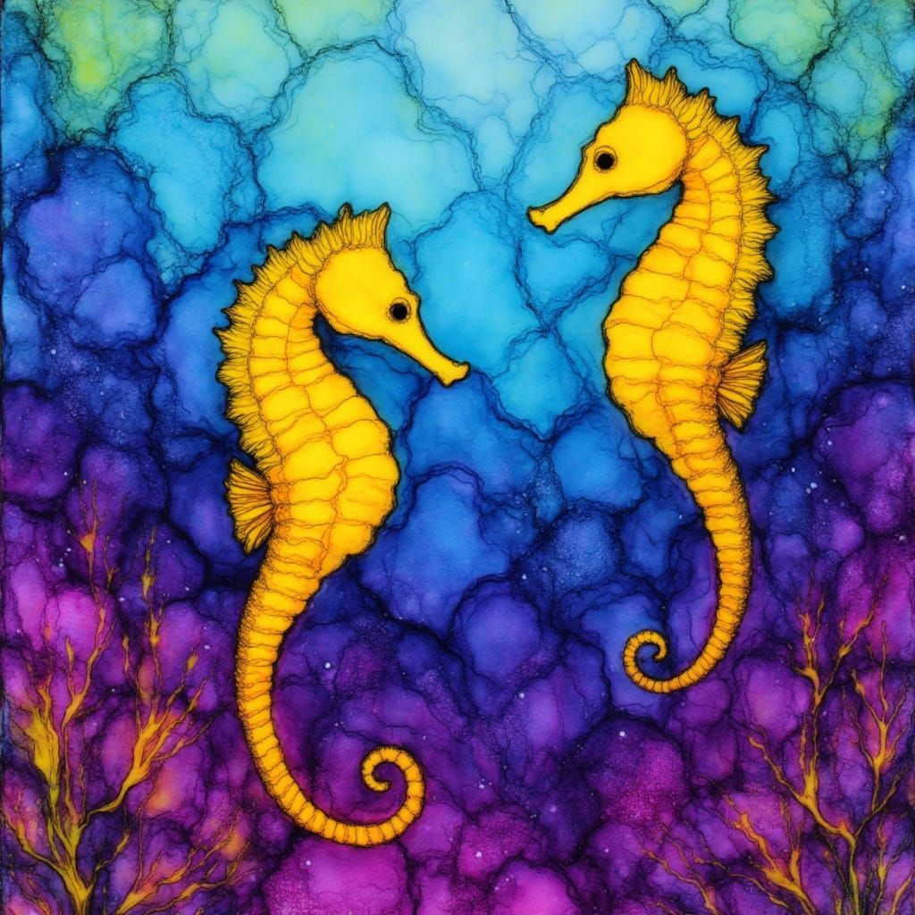 Yellow Seahorses Above Purple Coral in Alcohol Ink Style