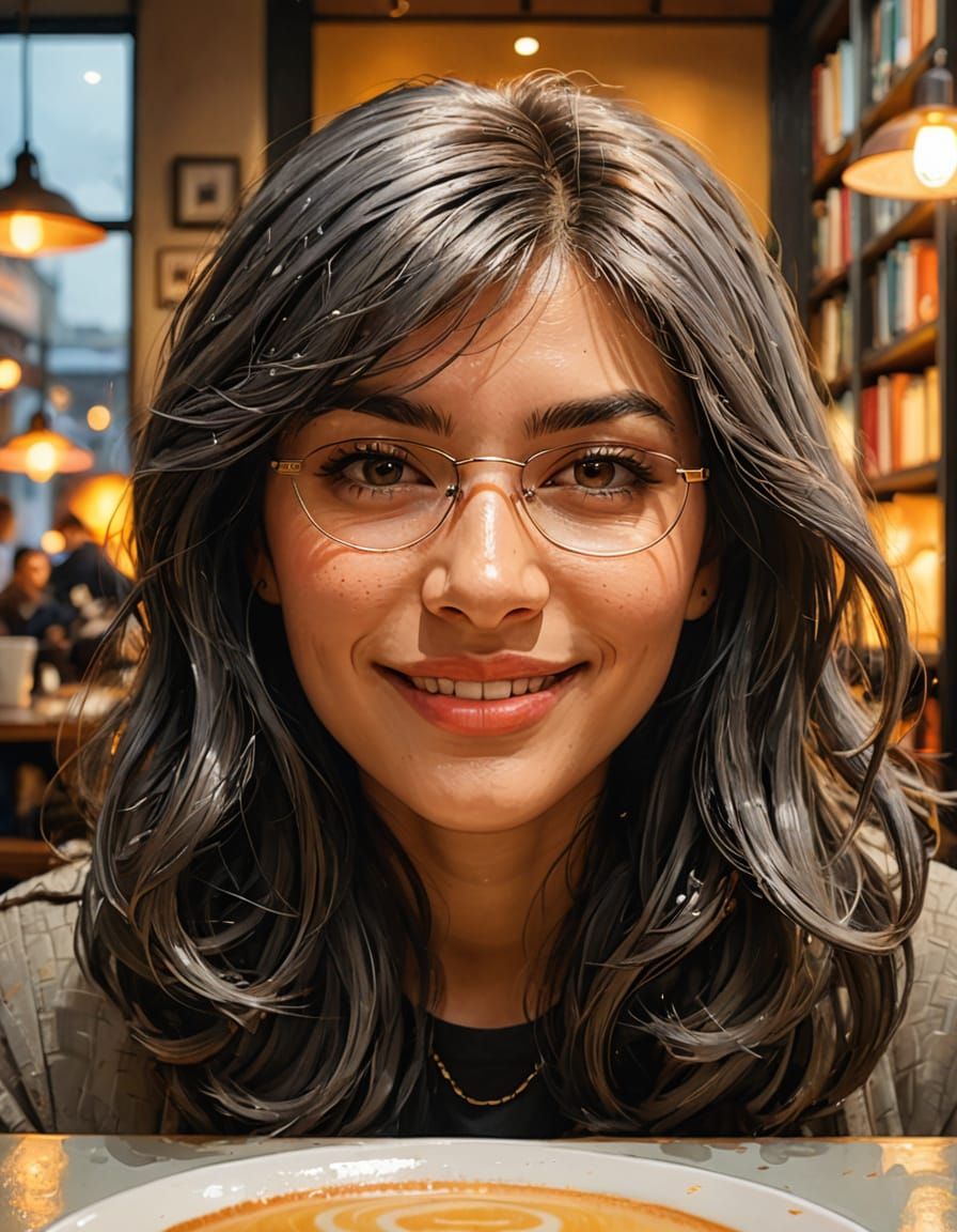 Girl Sipping Latte in Cafe: Hyperrealistic Splash Art