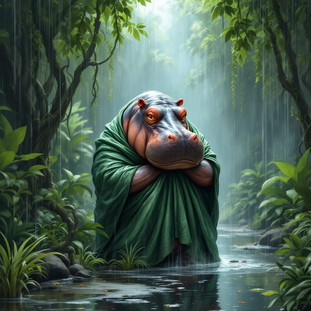 Shy Hippopotamus Conceals in Tropical Oasis