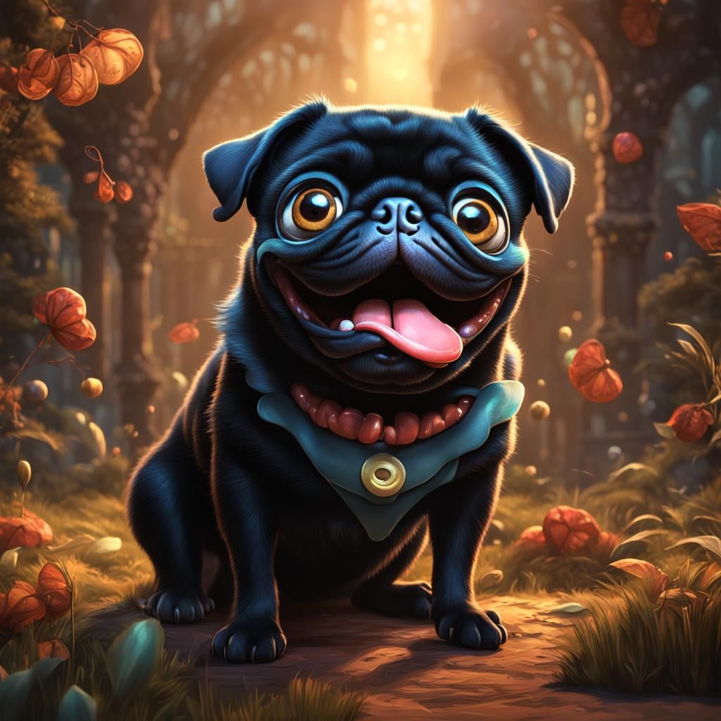 Joyful Black Pug in Vibrant Cartoon Style
