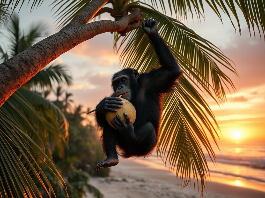 Chimpanzee Enjoying Coconut in Jungle Sunset