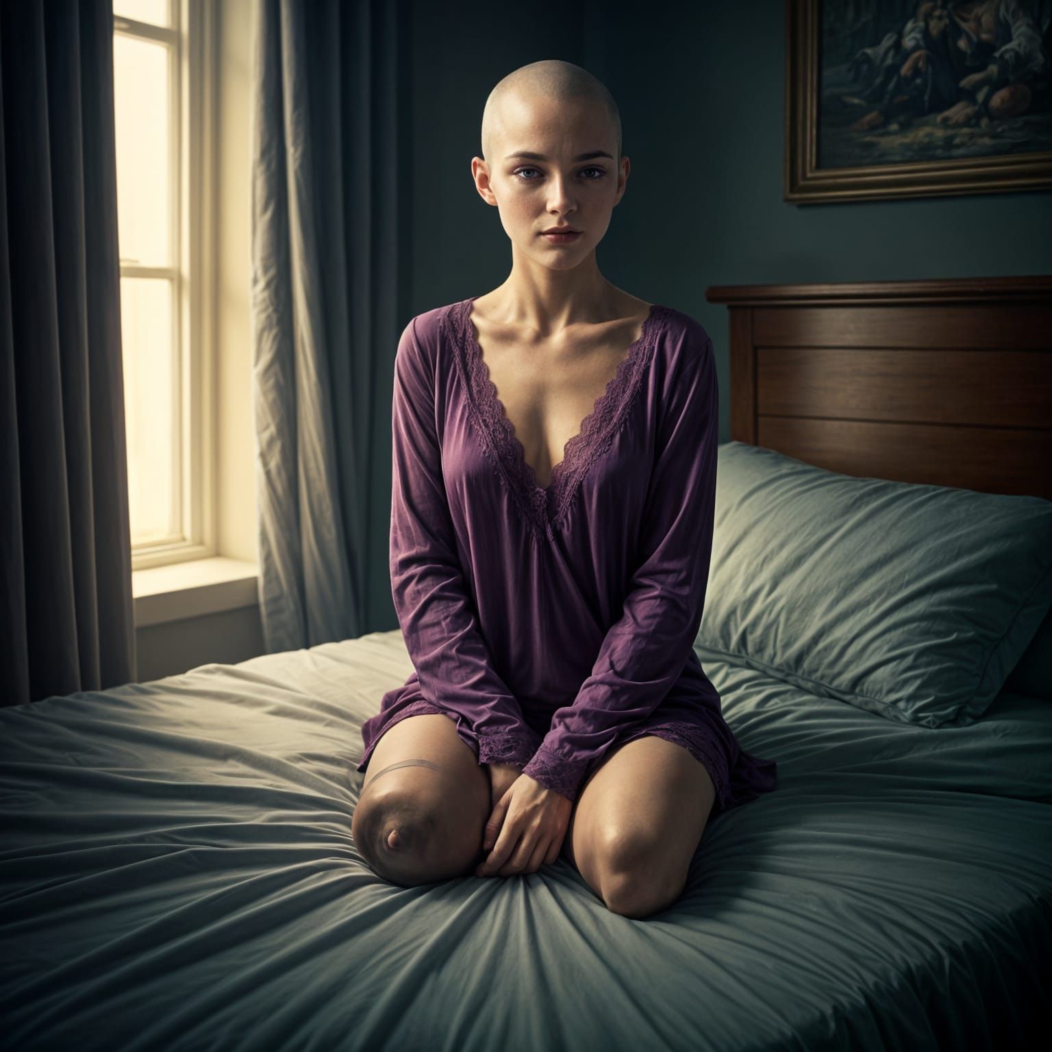 Bald Amputee Woman in Plum Pyjamas: Oil Painting