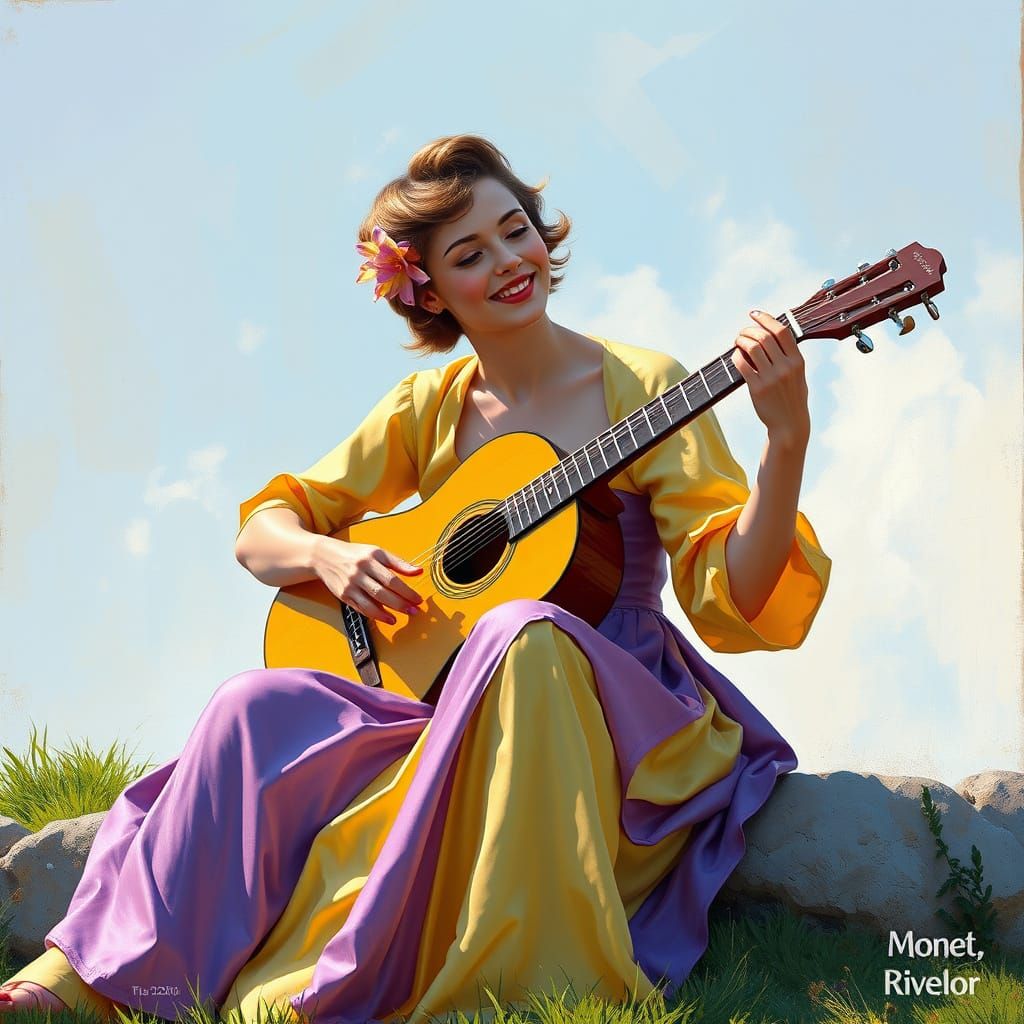 Elegant Musician Plays Guitar in Impressionistic Style