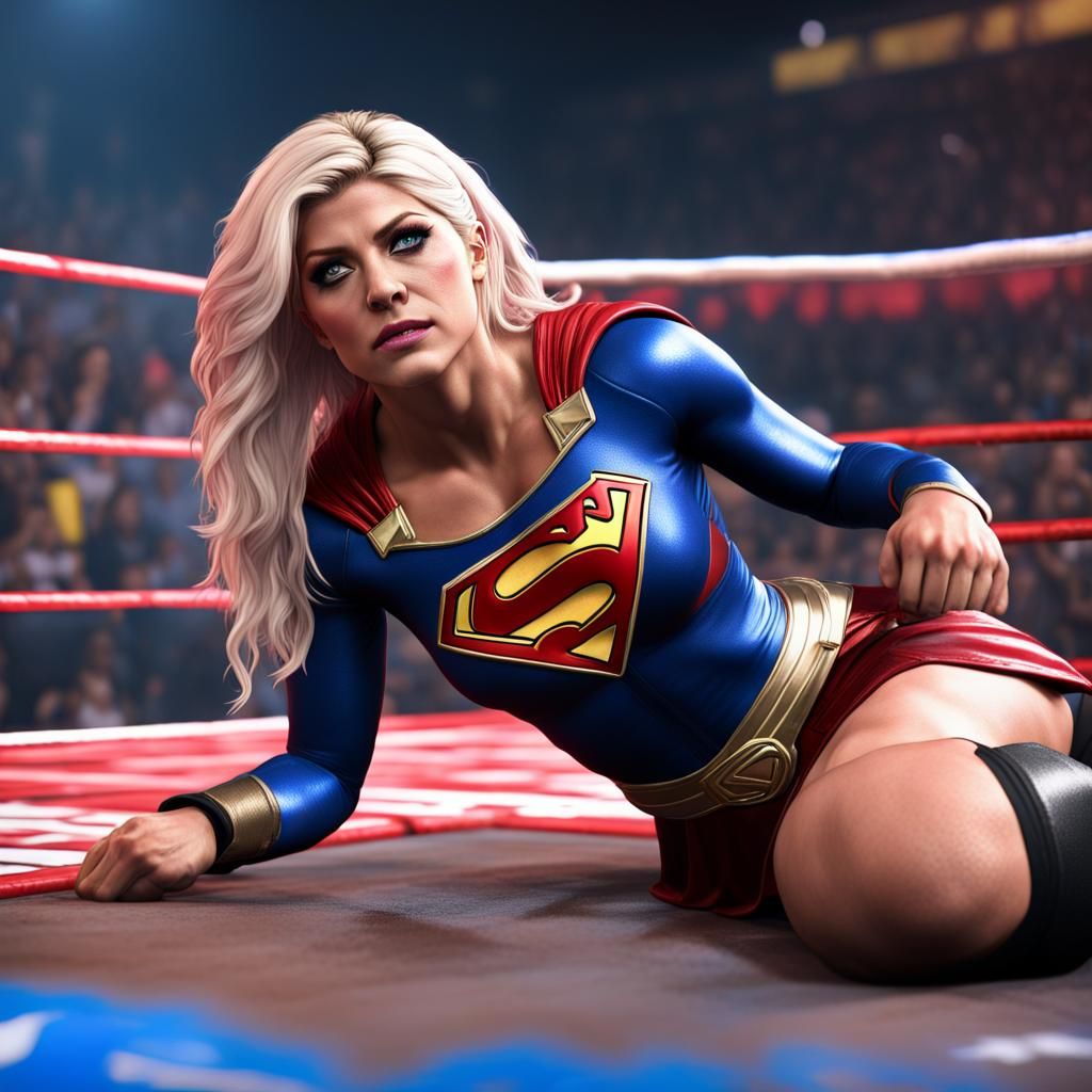 Distressed Supergirl in WWE Ring: Detailed Matte Painting