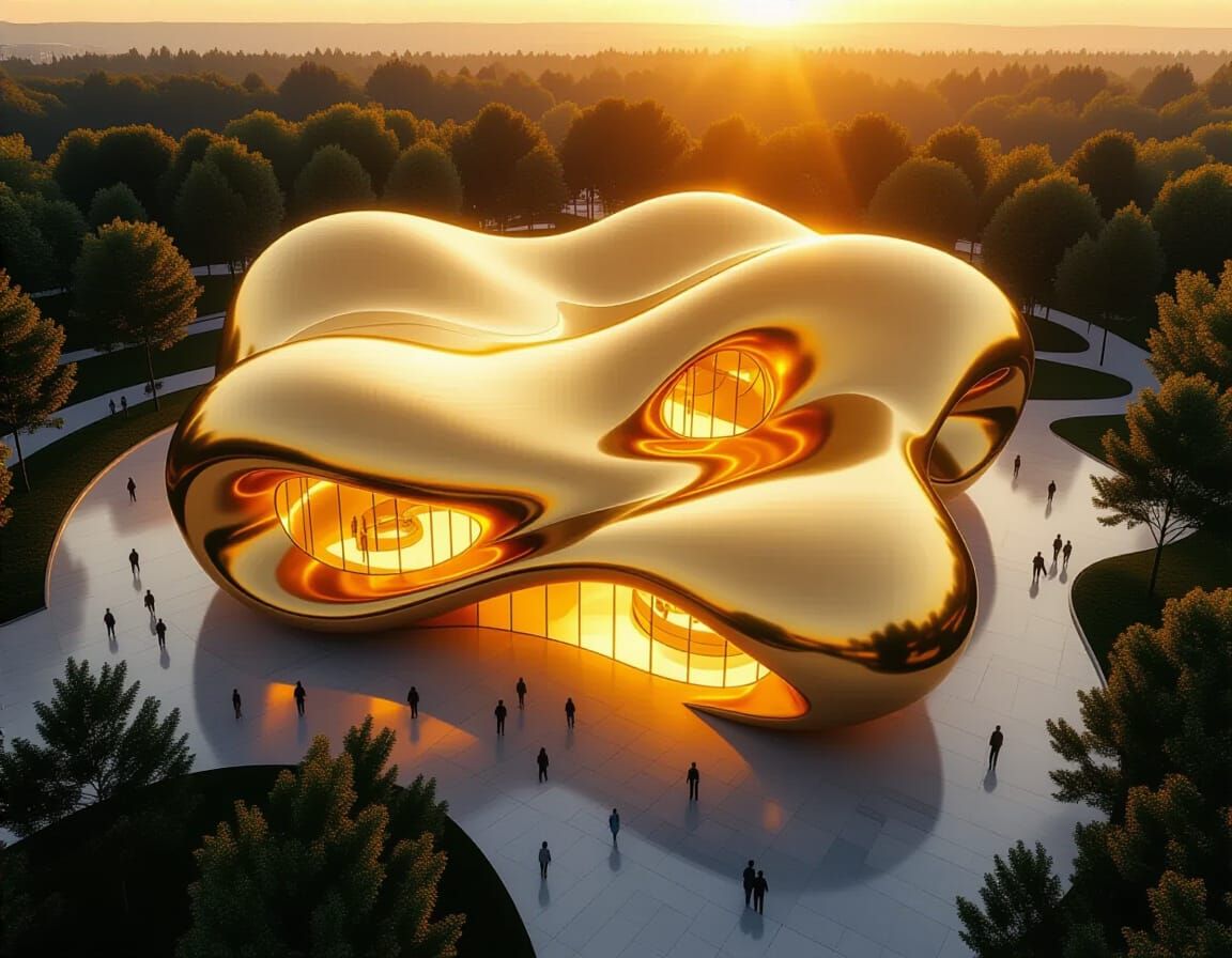 Golden Biomorphic Building in Futuristic City Park
