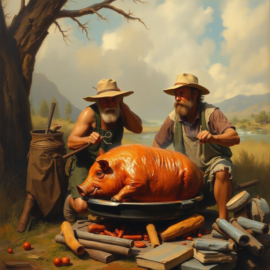 Wild Men Cook Roasted Pig in Oil Painting Style