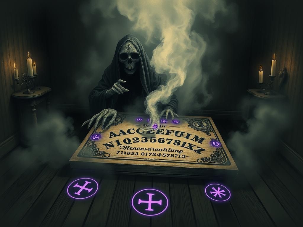 Eerie Ouija Board Scene in Dark Surreal Style