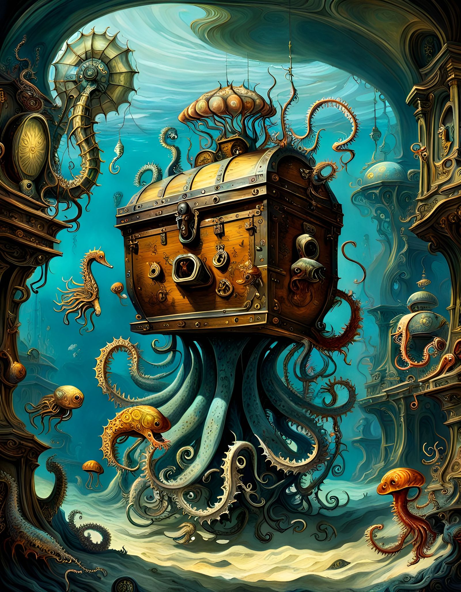 Steampunk Submarine Finds Treasure: Surrealist Painting