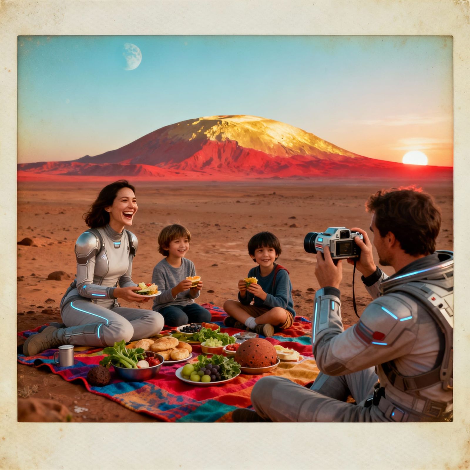 Family Picnic on Mars in Vintage Polaroid Style