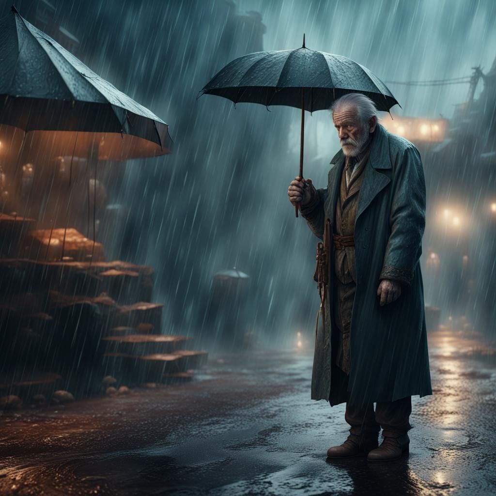 Sorrowful Old Man in Rain: Detailed Matte Painting