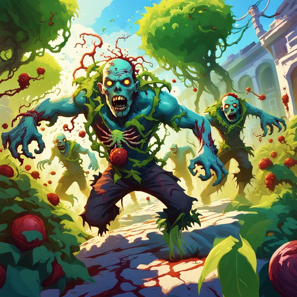 Zombies Attack Plants: Vibrant Digital Concept Art