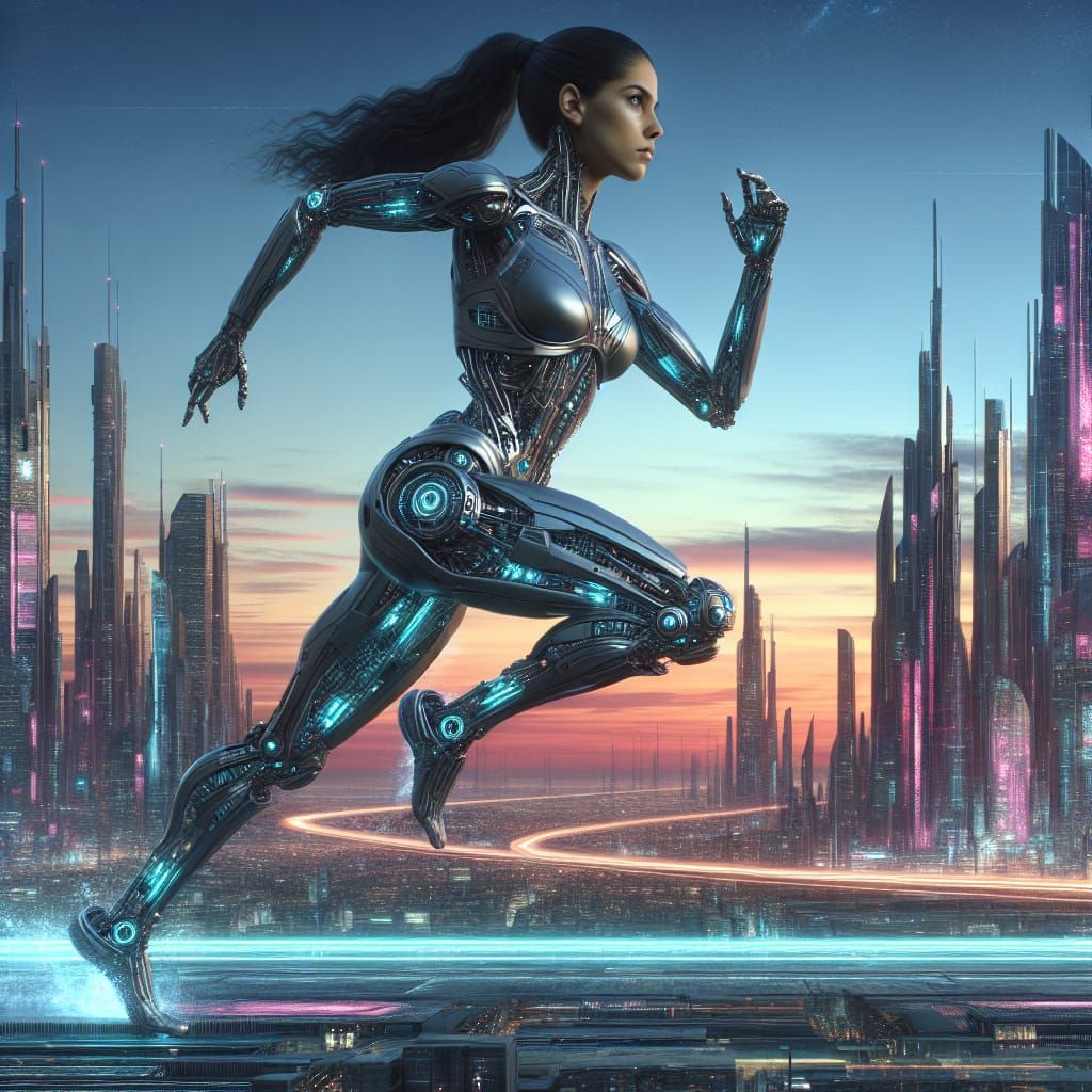 Hispanic Cyborg Running in Futuristic Cityscape