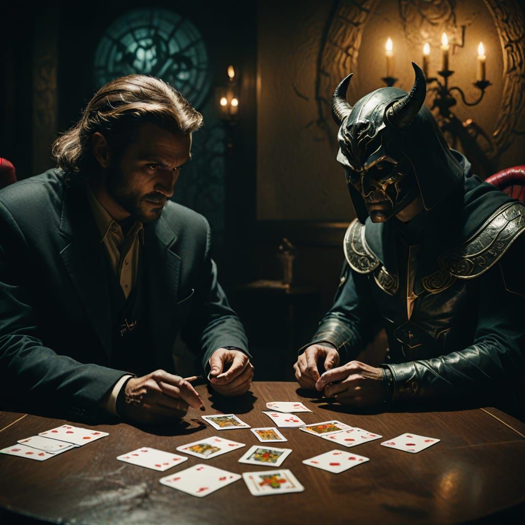 Dramatic Card Game Between Devil and Archangel
