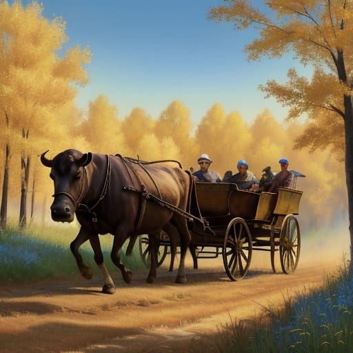 Impressionist Wagon Ride in Blue and Yellow Hues