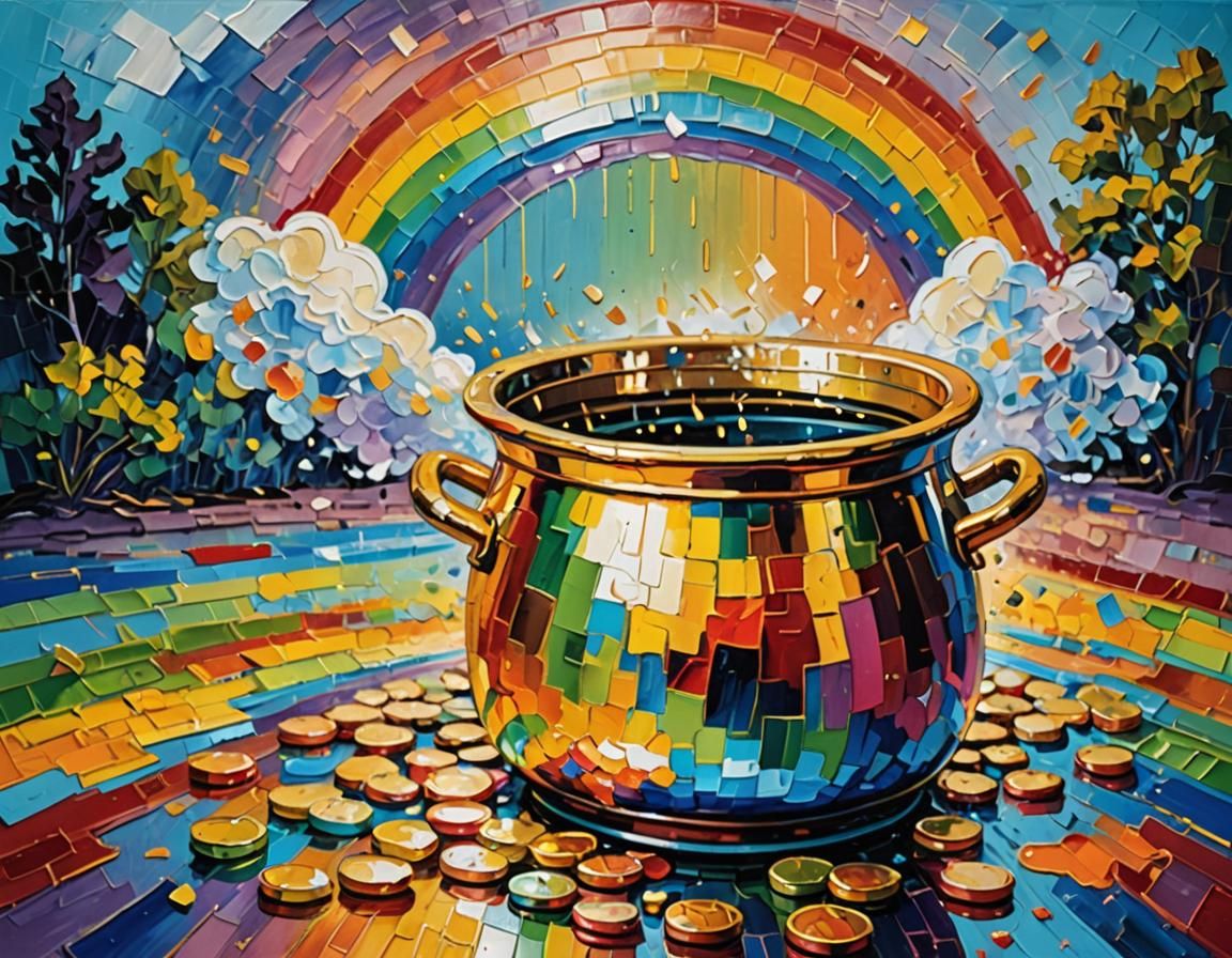 Rainbow and Gold Pot in Expressionist Style